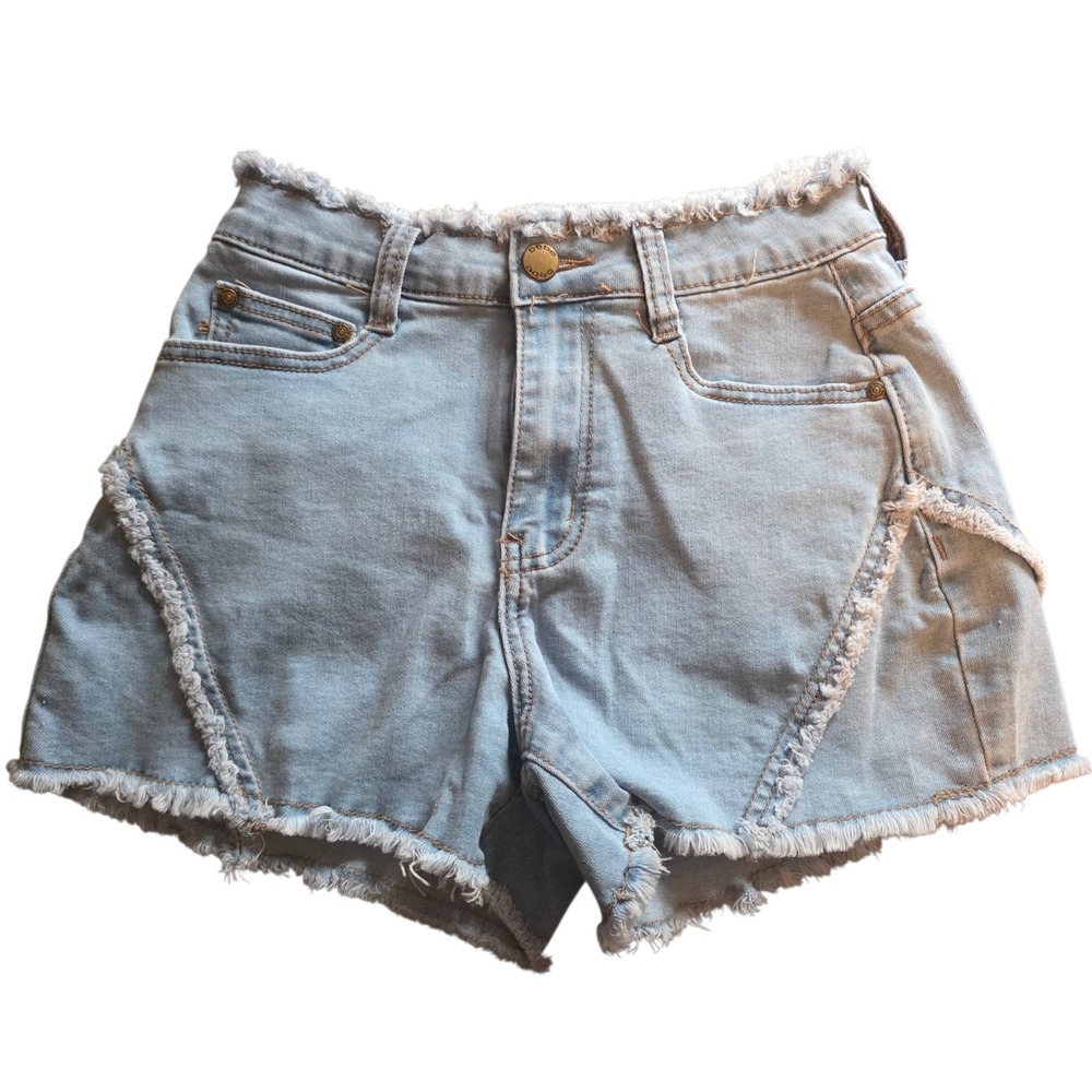 Bebe Denim Shorts Cutoff Frayed Hems Light Blue Diagonal Fringe Womens 0/25